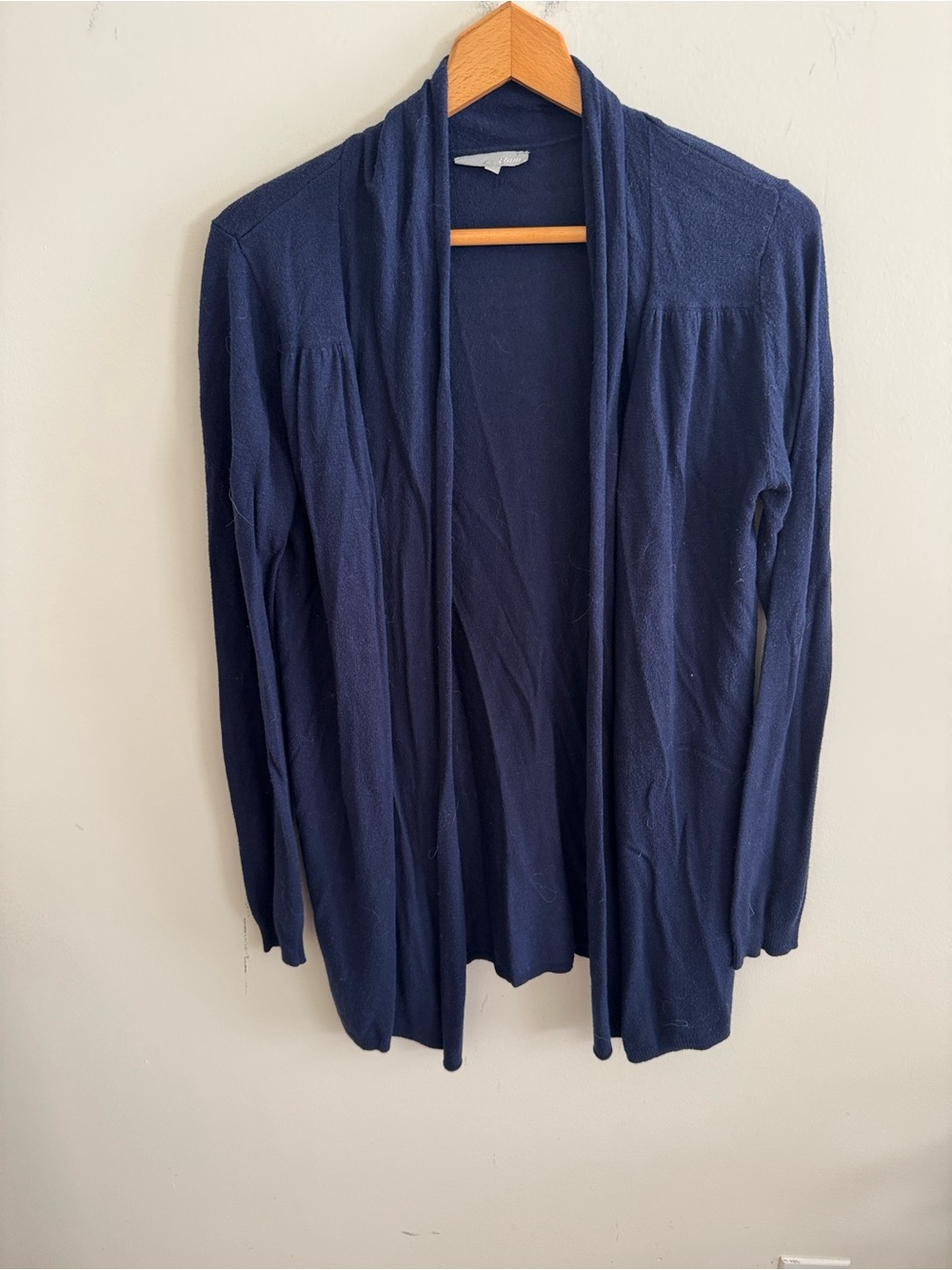 Etam navy blue over front know long sleeve cardigan sweater size Large